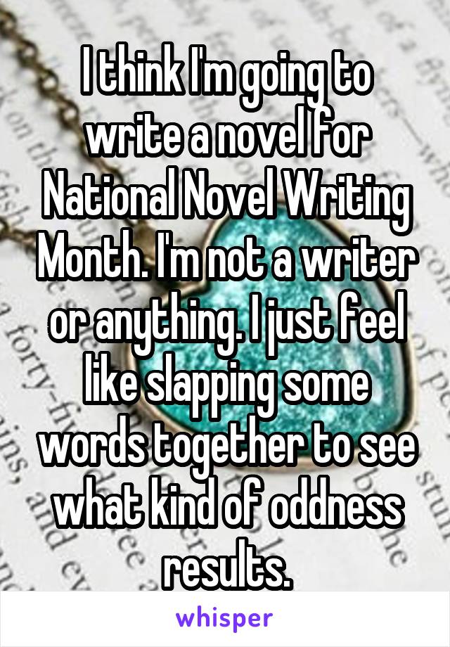 I think I'm going to write a novel for National Novel Writing Month. I'm not a writer or anything. I just feel like slapping some words together to see what kind of oddness results.
