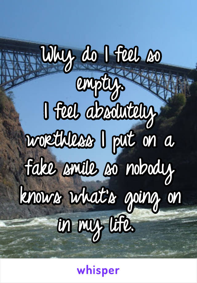 Why do I feel so empty.
I feel absolutely worthless I put on a fake smile so nobody knows what's going on in my life. 