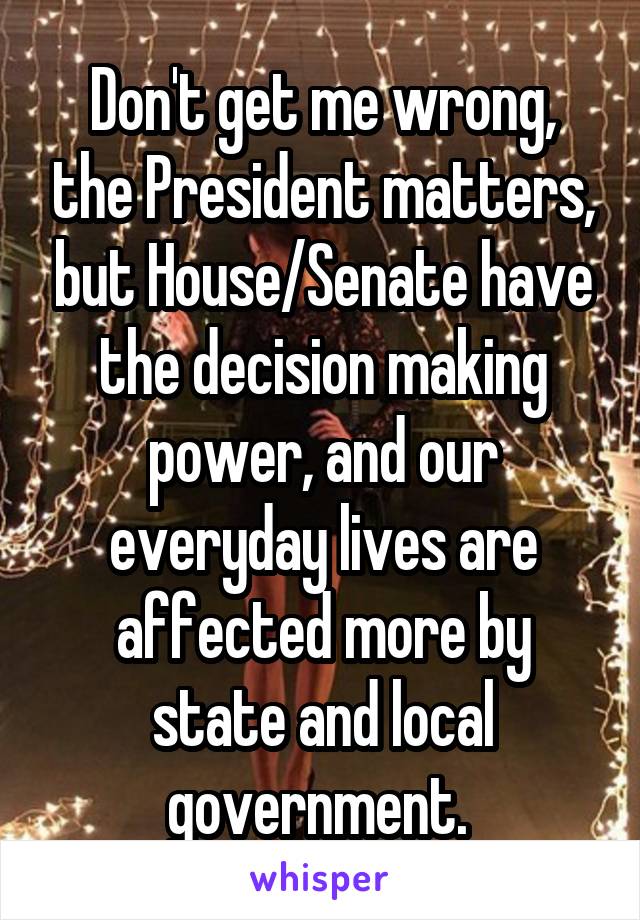 Don't get me wrong, the President matters, but House/Senate have the decision making power, and our everyday lives are affected more by state and local government. 