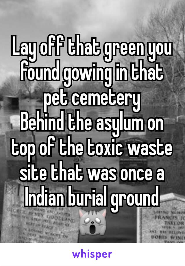 Lay off that green you found gowing in that pet cemetery
Behind the asylum on top of the toxic waste site that was once a Indian burial ground
🙀