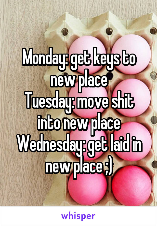 Monday: get keys to new place
Tuesday: move shit into new place
Wednesday: get laid in new place ;)