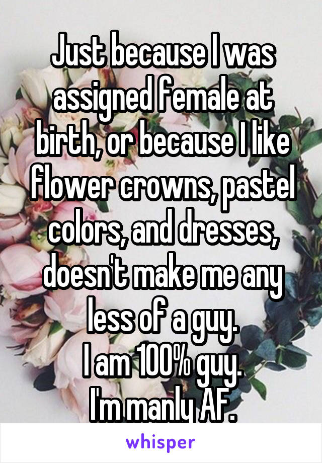 Just because I was assigned female at birth, or because I like flower crowns, pastel colors, and dresses, doesn't make me any less of a guy.
I am 100% guy.
I'm manly AF.