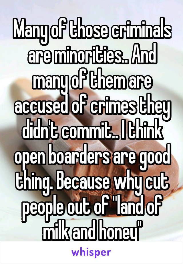 Many of those criminals are minorities.. And many of them are accused of crimes they didn't commit.. I think open boarders are good thing. Because why cut people out of "land of milk and honey"