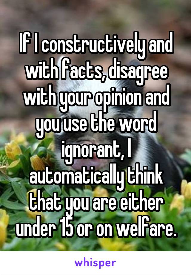 If I constructively and with facts, disagree with your opinion and you use the word ignorant, I automatically think that you are either under 15 or on welfare.