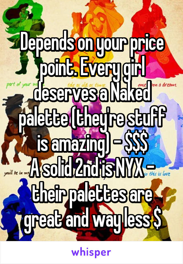 Depends on your price point. Every girl deserves a Naked palette (they're stuff is amazing) - $$$
A solid 2nd is NYX - their palettes are great and way less $
