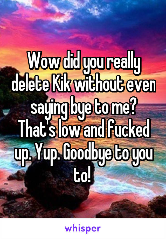 Wow did you really delete Kik without even saying bye to me? That's low and fucked up. Yup. Goodbye to you to! 