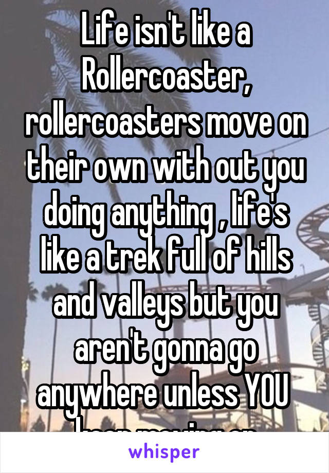 Life isn't like a Rollercoaster, rollercoasters move on their own with out you doing anything , life's like a trek full of hills and valleys but you aren't gonna go anywhere unless YOU  keep moving on