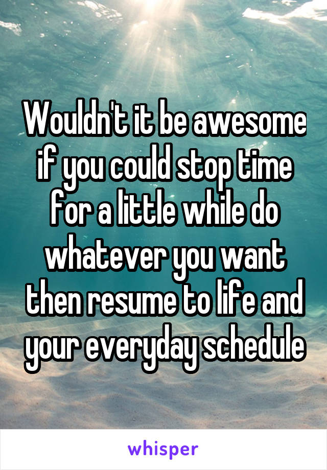 Wouldn't it be awesome if you could stop time for a little while do whatever you want then resume to life and your everyday schedule