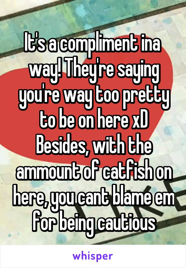 It's a compliment ina  way! They're saying you're way too pretty to be on here xD
Besides, with the ammount of catfish on here, you cant blame em for being cautious