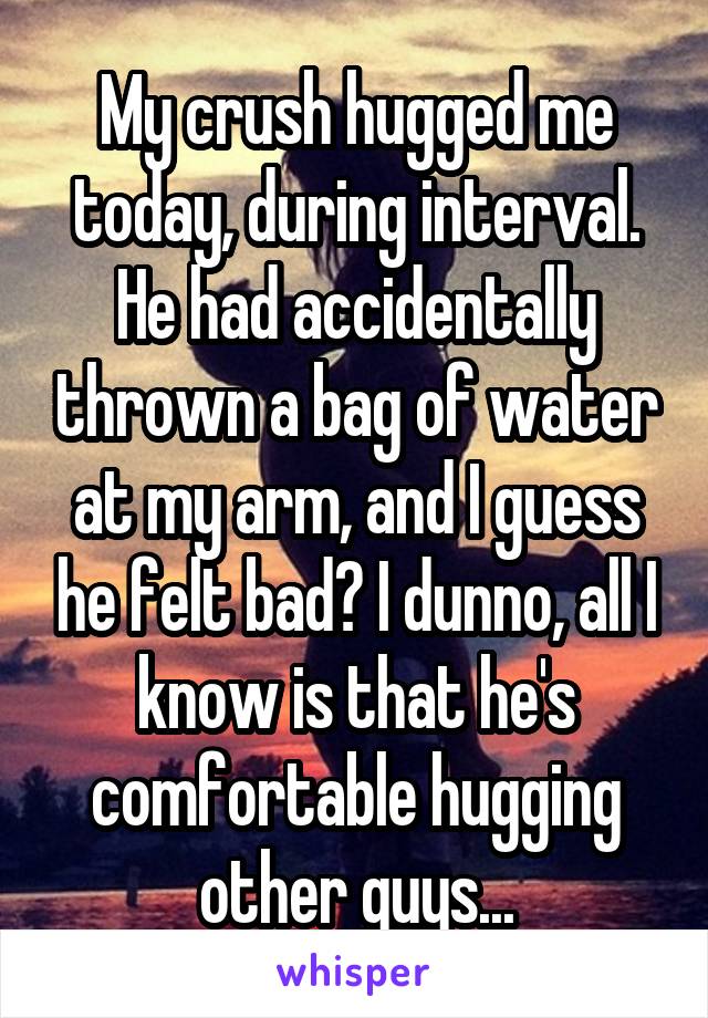 My crush hugged me today, during interval. He had accidentally thrown a bag of water at my arm, and I guess he felt bad? I dunno, all I know is that he's comfortable hugging other guys...