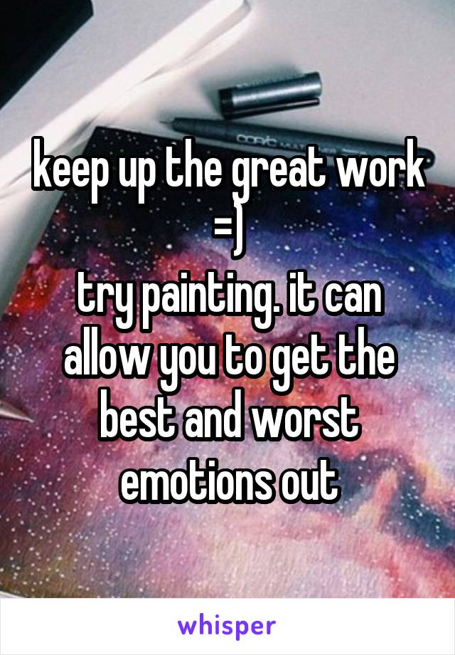 keep up the great work =)
try painting. it can allow you to get the best and worst emotions out