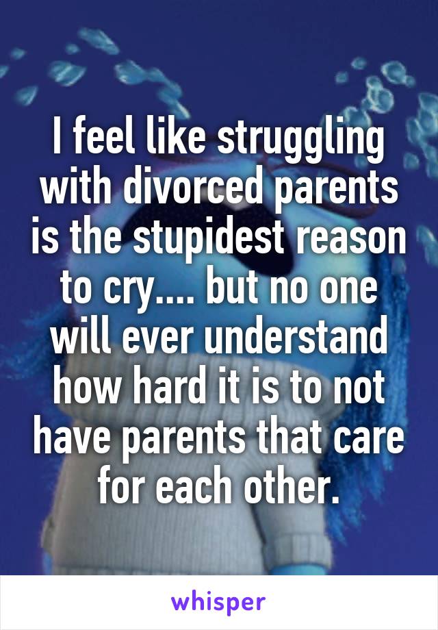 I feel like struggling with divorced parents is the stupidest reason to cry.... but no one will ever understand how hard it is to not have parents that care for each other.