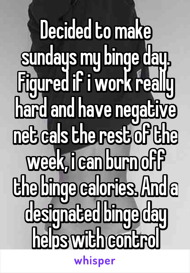 Decided to make sundays my binge day. Figured if i work really hard and have negative net cals the rest of the week, i can burn off the binge calories. And a designated binge day helps with control