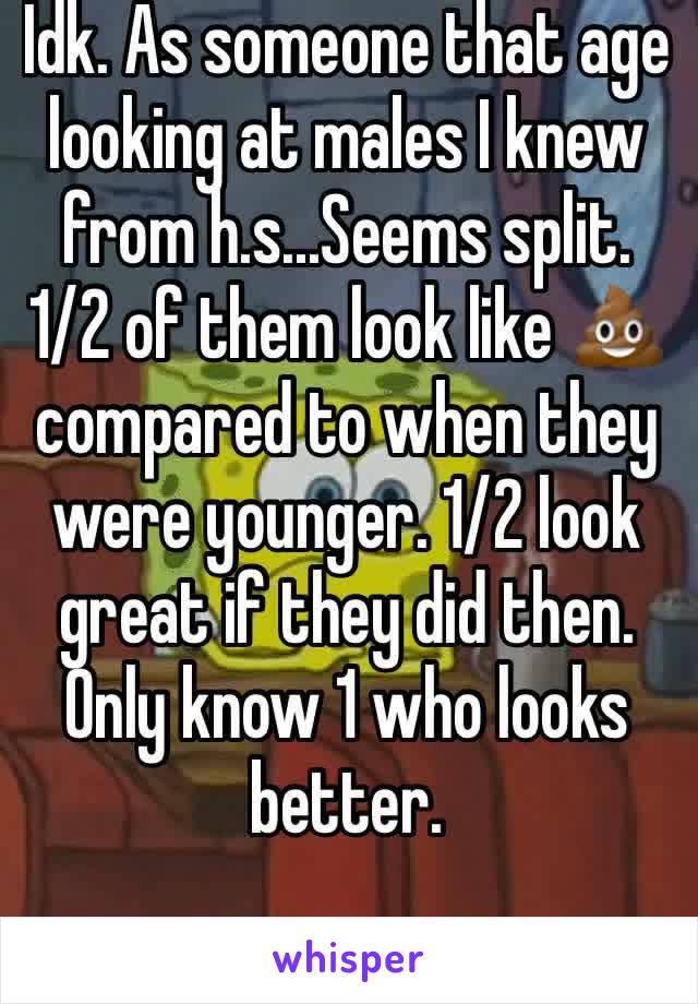 Idk. As someone that age looking at males I knew from h.s...Seems split. 1/2 of them look like 💩 compared to when they were younger. 1/2 look great if they did then. Only know 1 who looks better.