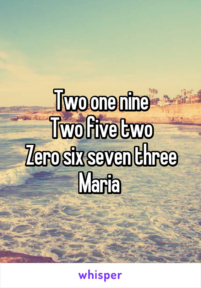 Two one nine
Two five two
Zero six seven three
Maria 