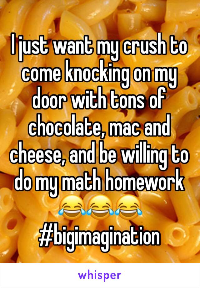 I just want my crush to come knocking on my door with tons of chocolate, mac and cheese, and be willing to do my math homework 😂😂😂
#bigimagination