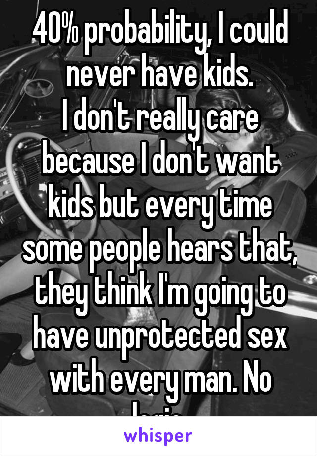 40% probability, I could never have kids.
I don't really care because I don't want kids but every time some people hears that, they think I'm going to have unprotected sex with every man. No logic.