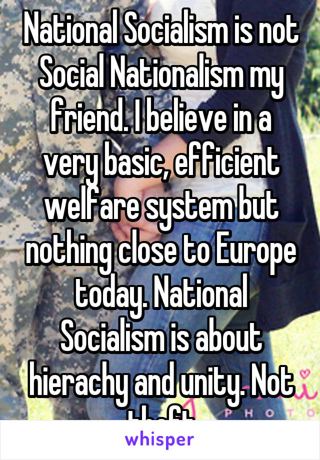 National Socialism is not Social Nationalism my friend. I believe in a very basic, efficient welfare system but nothing close to Europe today. National Socialism is about hierachy and unity. Not theft
