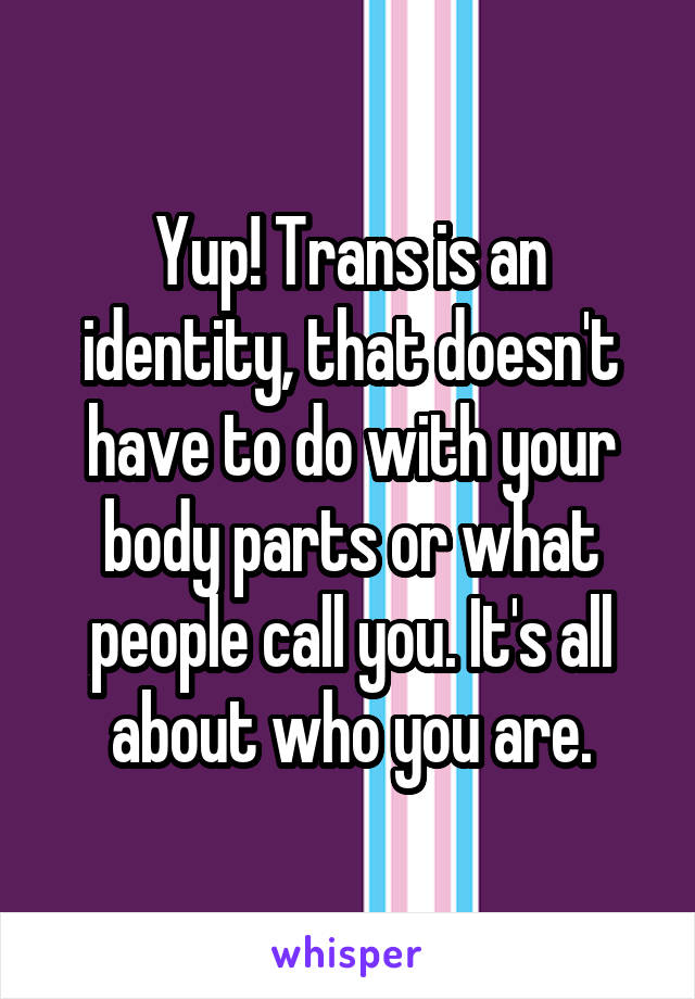 Yup! Trans is an identity, that doesn't have to do with your body parts or what people call you. It's all about who you are.