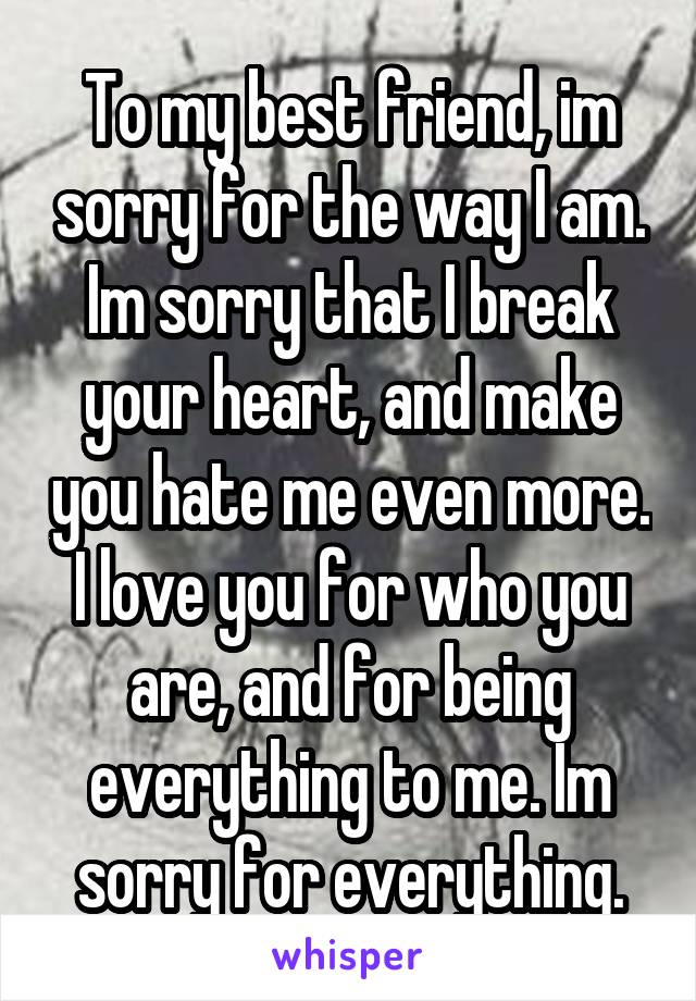 To my best friend, im sorry for the way I am. Im sorry that I break your heart, and make you hate me even more. I love you for who you are, and for being everything to me. Im sorry for everything.