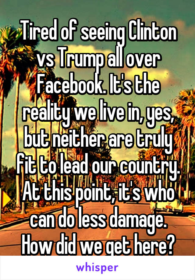 Tired of seeing Clinton vs Trump all over Facebook. It's the reality we live in, yes, but neither are truly fit to lead our country. At this point, it's who can do less damage. How did we get here?