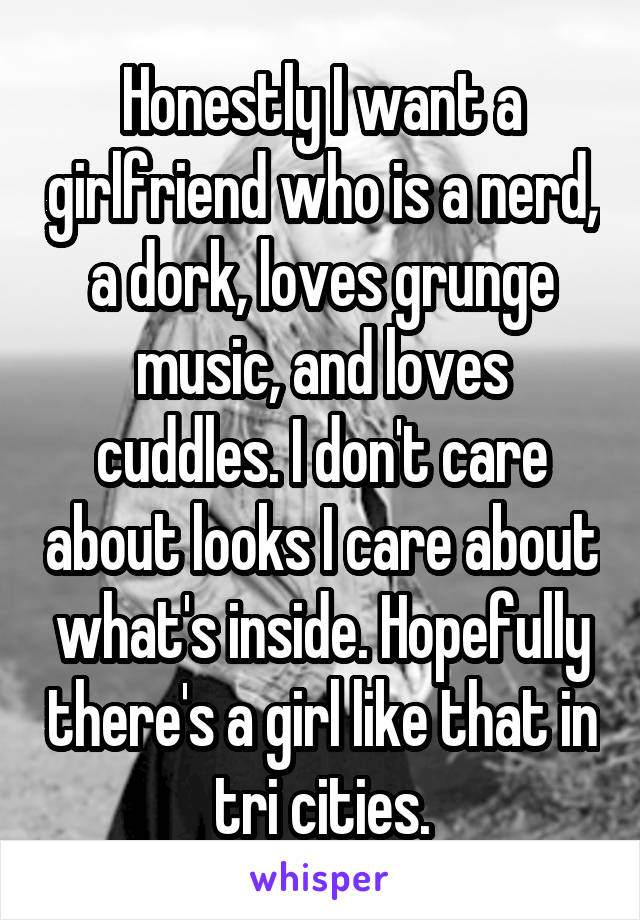 Honestly I want a girlfriend who is a nerd, a dork, loves grunge music, and loves cuddles. I don't care about looks I care about what's inside. Hopefully there's a girl like that in tri cities.