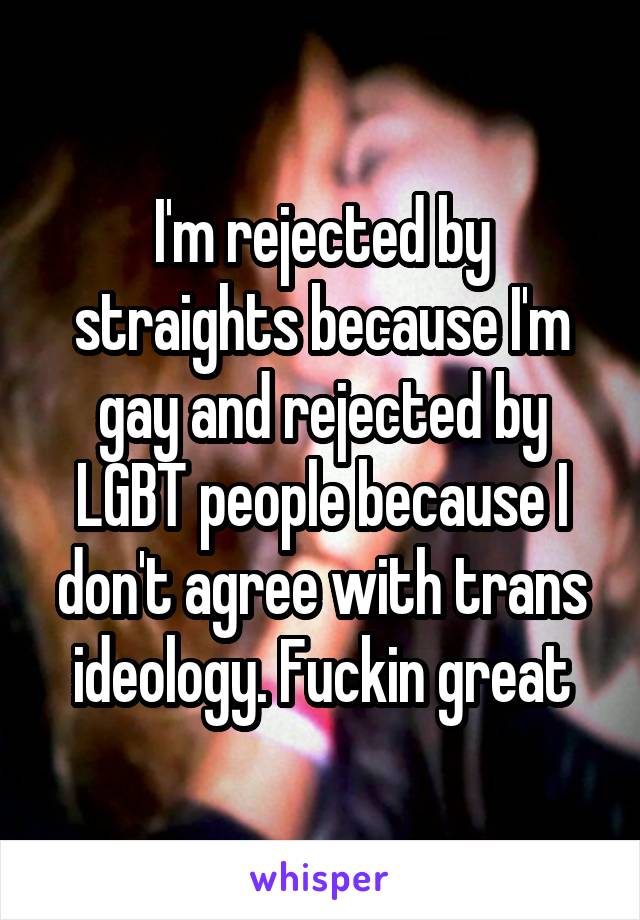 I'm rejected by straights because I'm gay and rejected by LGBT people because I don't agree with trans ideology. Fuckin great