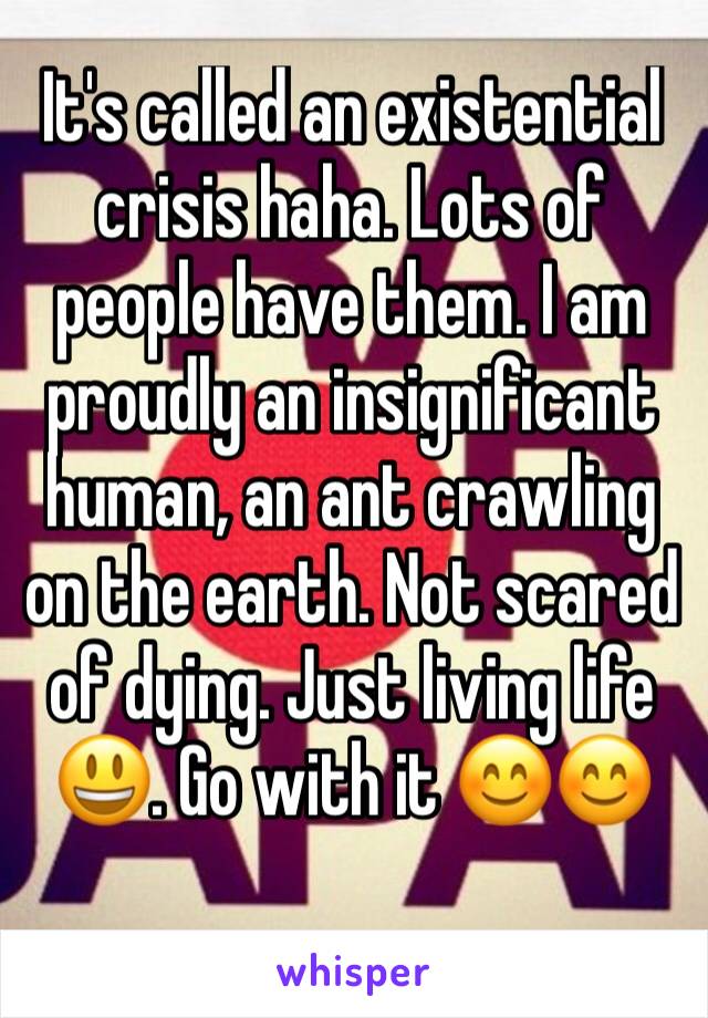 It's called an existential crisis haha. Lots of people have them. I am proudly an insignificant human, an ant crawling on the earth. Not scared of dying. Just living life 😃. Go with it 😊😊