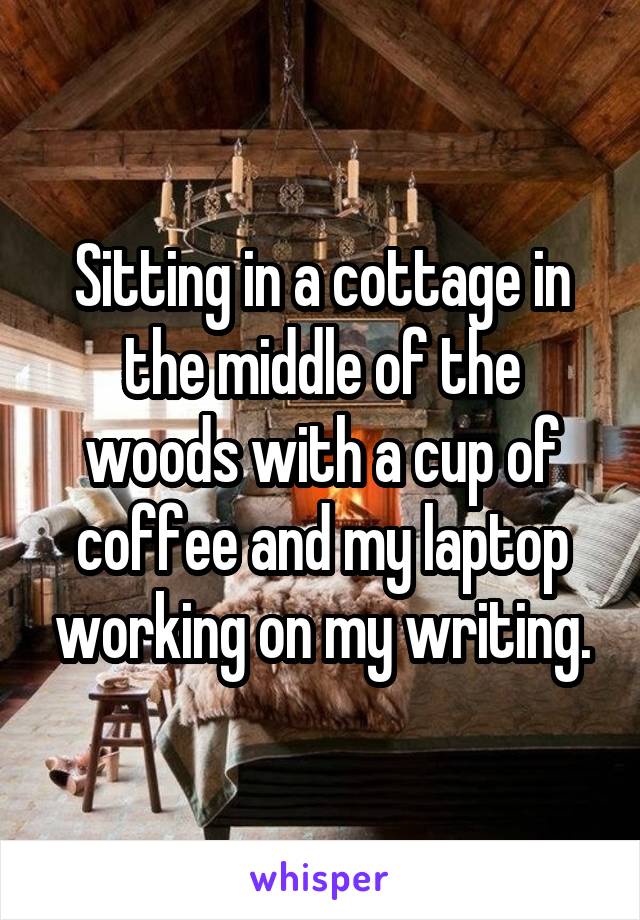 Sitting in a cottage in the middle of the woods with a cup of coffee and my laptop working on my writing.