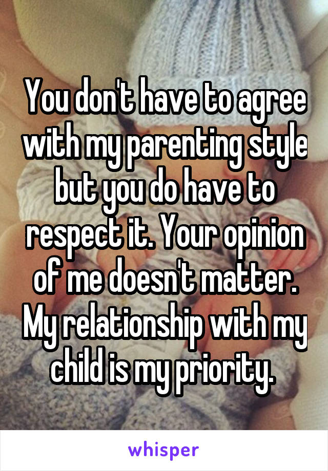 You don't have to agree with my parenting style but you do have to respect it. Your opinion of me doesn't matter. My relationship with my child is my priority. 