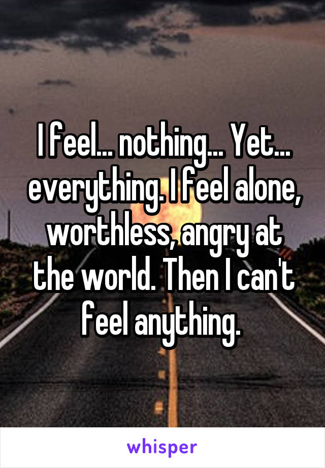 I feel... nothing... Yet... everything. I feel alone, worthless, angry at the world. Then I can't feel anything. 