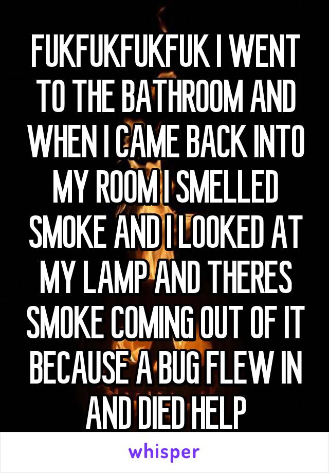 FUKFUKFUKFUK I WENT TO THE BATHROOM AND WHEN I CAME BACK INTO MY ROOM I SMELLED SMOKE AND I LOOKED AT MY LAMP AND THERES SMOKE COMING OUT OF IT BECAUSE A BUG FLEW IN AND DIED HELP