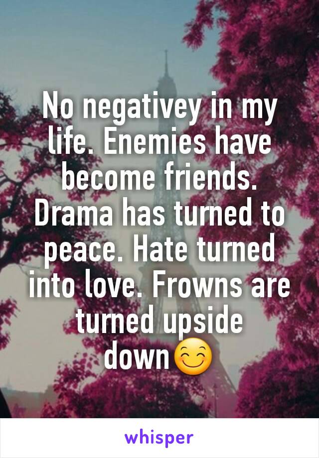 No negativey in my life. Enemies have become friends. Drama has turned to peace. Hate turned into love. Frowns are turned upside down😊