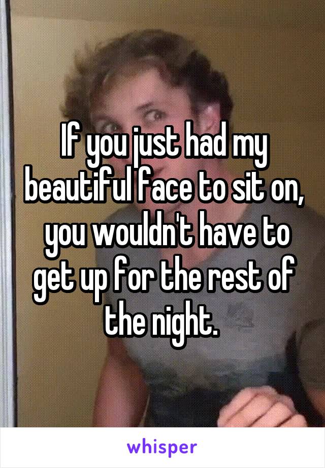 If you just had my beautiful face to sit on,  you wouldn't have to get up for the rest of the night. 