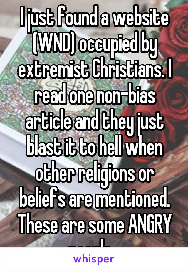 I just found a website (WND) occupied by extremist Christians. I read one non-bias article and they just blast it to hell when other religions or beliefs are mentioned. These are some ANGRY people...