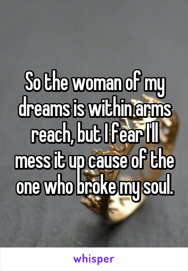 So the woman of my dreams is within arms reach, but I fear I'll mess it up cause of the one who broke my soul.