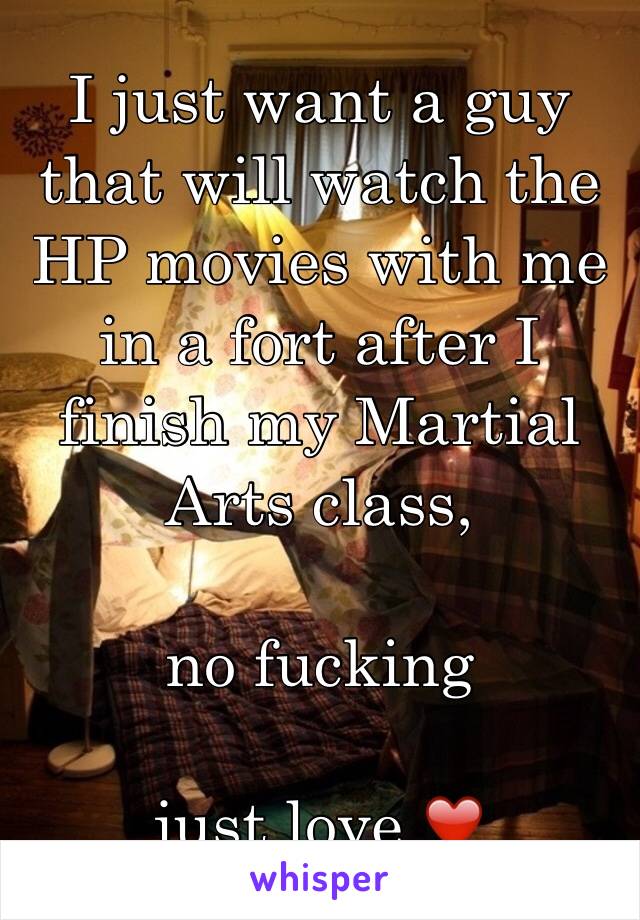 I just want a guy that will watch the HP movies with me in a fort after I finish my Martial Arts class,

no fucking

just love ❤️ 