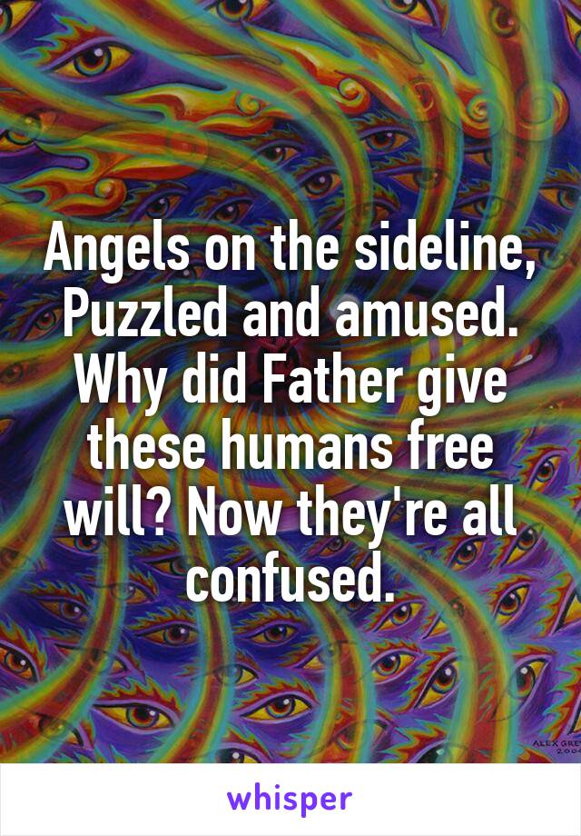 Angels on the sideline,
Puzzled and amused.
Why did Father give these humans free will? Now they're all confused.