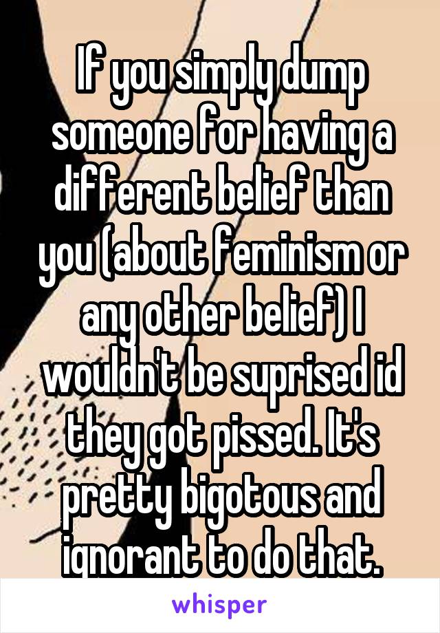 If you simply dump someone for having a different belief than you (about feminism or any other belief) I wouldn't be suprised id they got pissed. It's pretty bigotous and ignorant to do that.