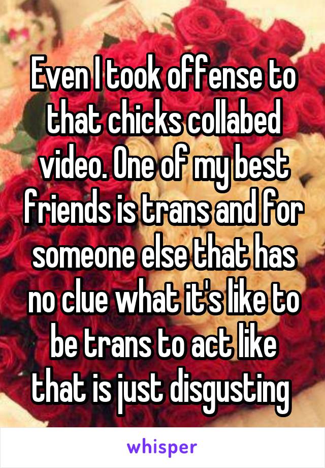 Even I took offense to that chicks collabed video. One of my best friends is trans and for someone else that has no clue what it's like to be trans to act like that is just disgusting 