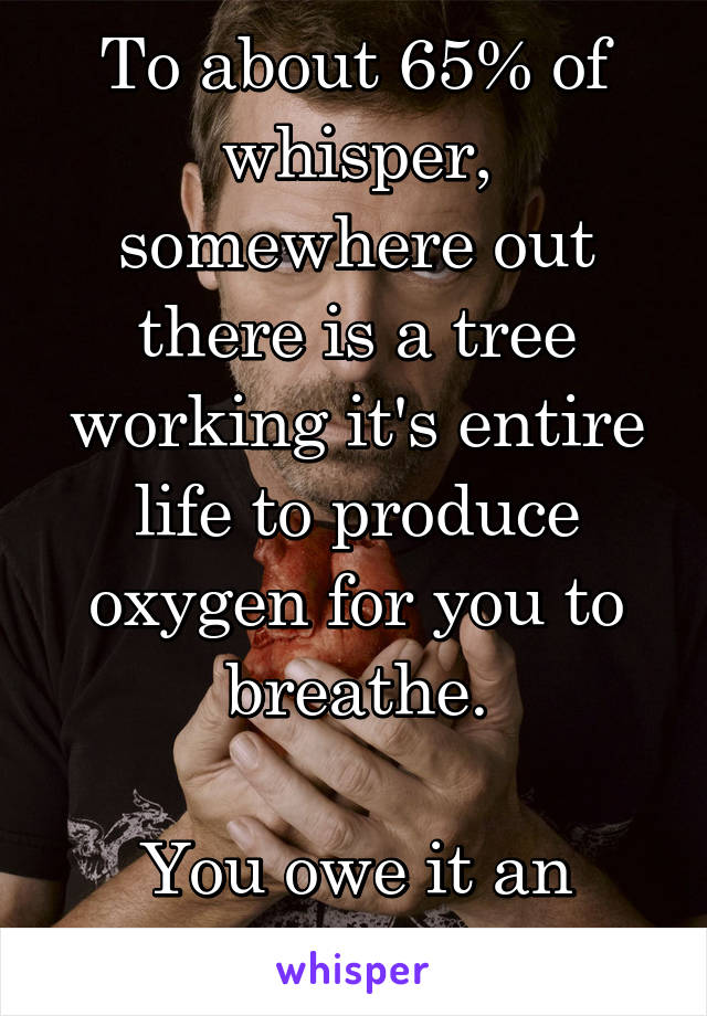 To about 65% of whisper, somewhere out there is a tree working it's entire life to produce oxygen for you to breathe.

You owe it an apology!