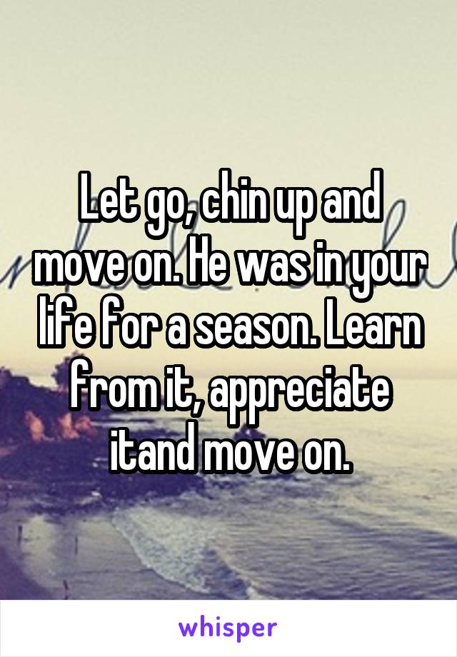 Let go, chin up and move on. He was in your life for a season. Learn from it, appreciate itand move on.
