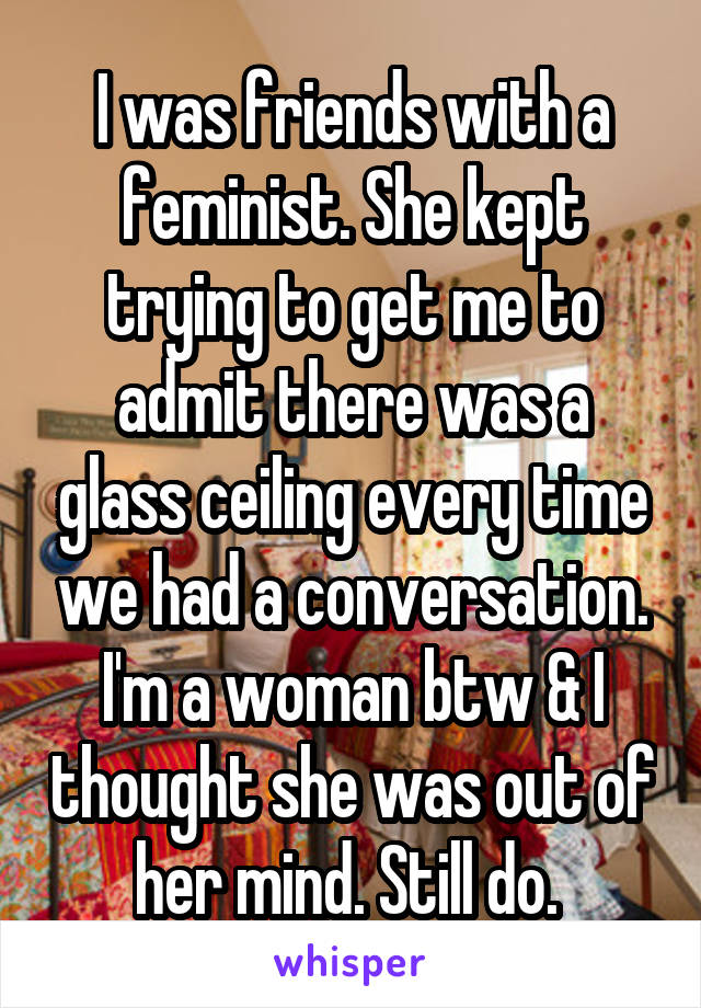 I was friends with a feminist. She kept trying to get me to admit there was a glass ceiling every time we had a conversation. I'm a woman btw & I thought she was out of her mind. Still do. 