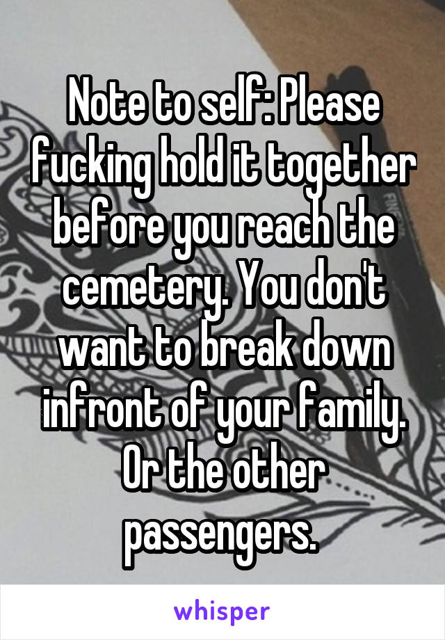 Note to self: Please fucking hold it together before you reach the cemetery. You don't want to break down infront of your family. Or the other passengers. 