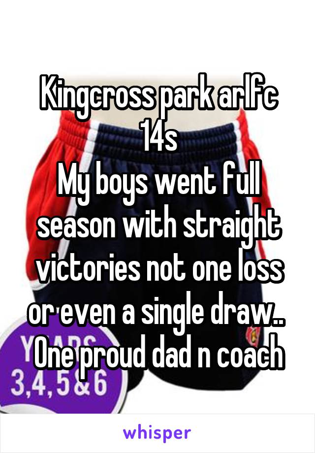 Kingcross park arlfc 14s
My boys went full season with straight victories not one loss or even a single draw.. 
One proud dad n coach