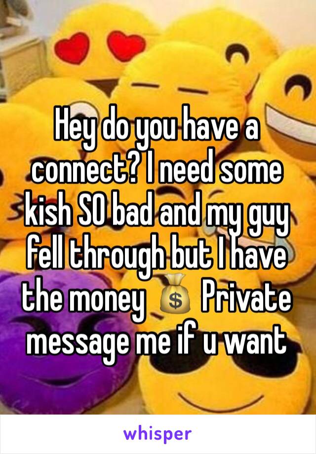 Hey do you have a connect? I need some kish SO bad and my guy fell through but I have the money 💰 Private message me if u want 