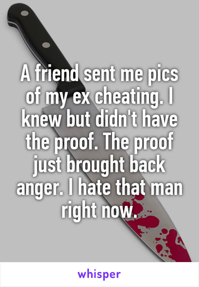 A friend sent me pics of my ex cheating. I knew but didn't have the proof. The proof just brought back anger. I hate that man right now.