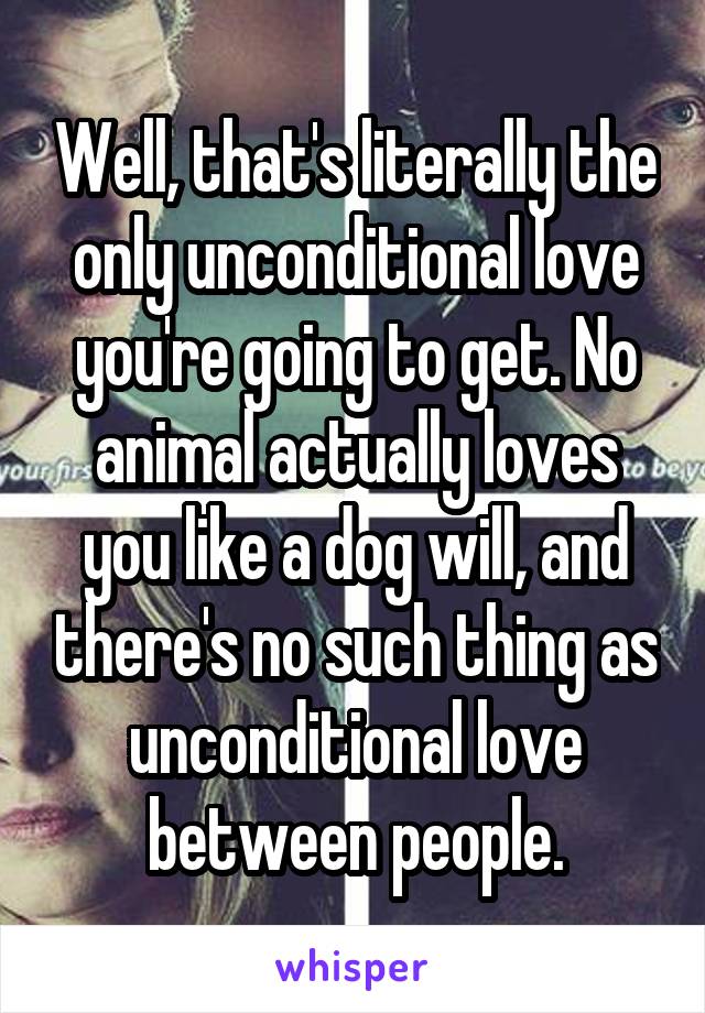 Well, that's literally the only unconditional love you're going to get. No animal actually loves you like a dog will, and there's no such thing as unconditional love between people.