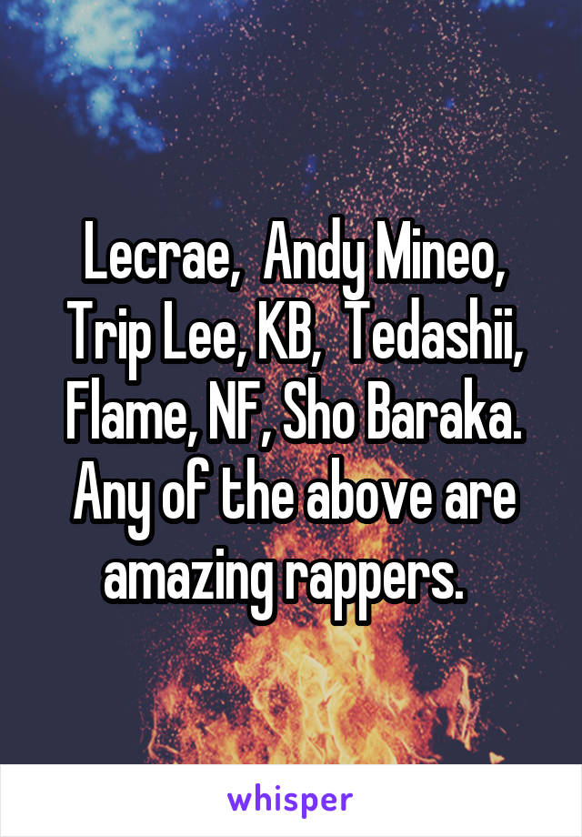 Lecrae,  Andy Mineo, Trip Lee, KB,  Tedashii, Flame, NF, Sho Baraka. Any of the above are amazing rappers.  