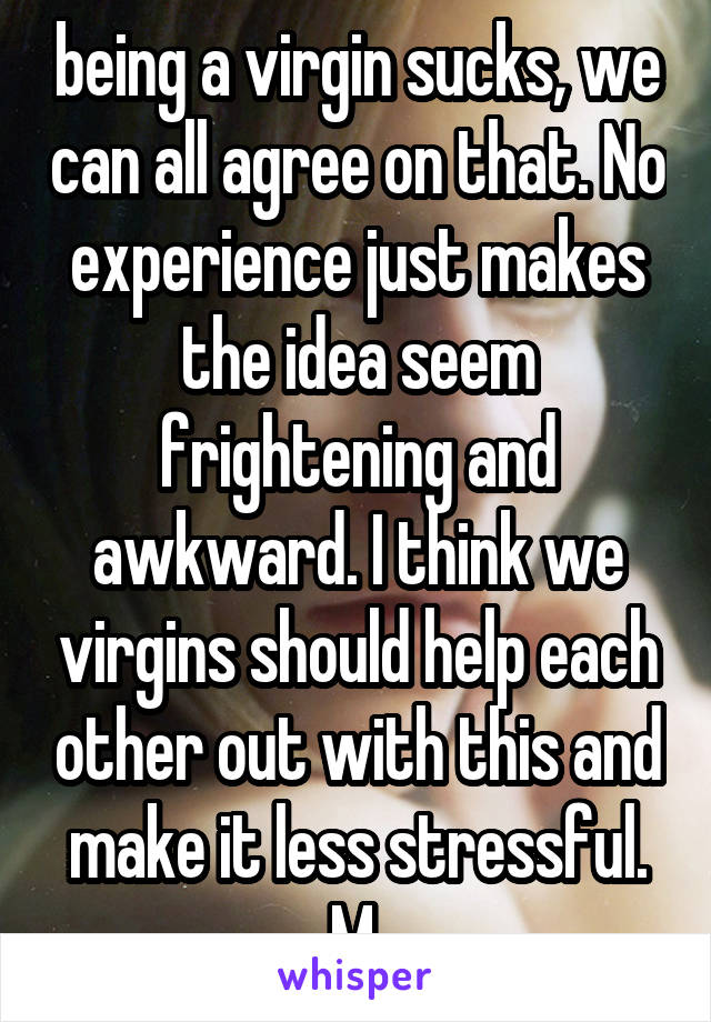 being a virgin sucks, we can all agree on that. No experience just makes the idea seem frightening and awkward. I think we virgins should help each other out with this and make it less stressful. M 